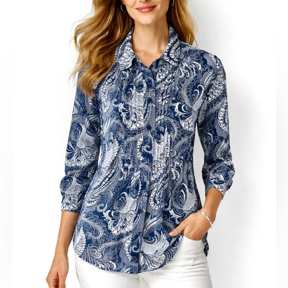 Talbots Blue and White Print Long Sleeve Button Down Top Size 2X